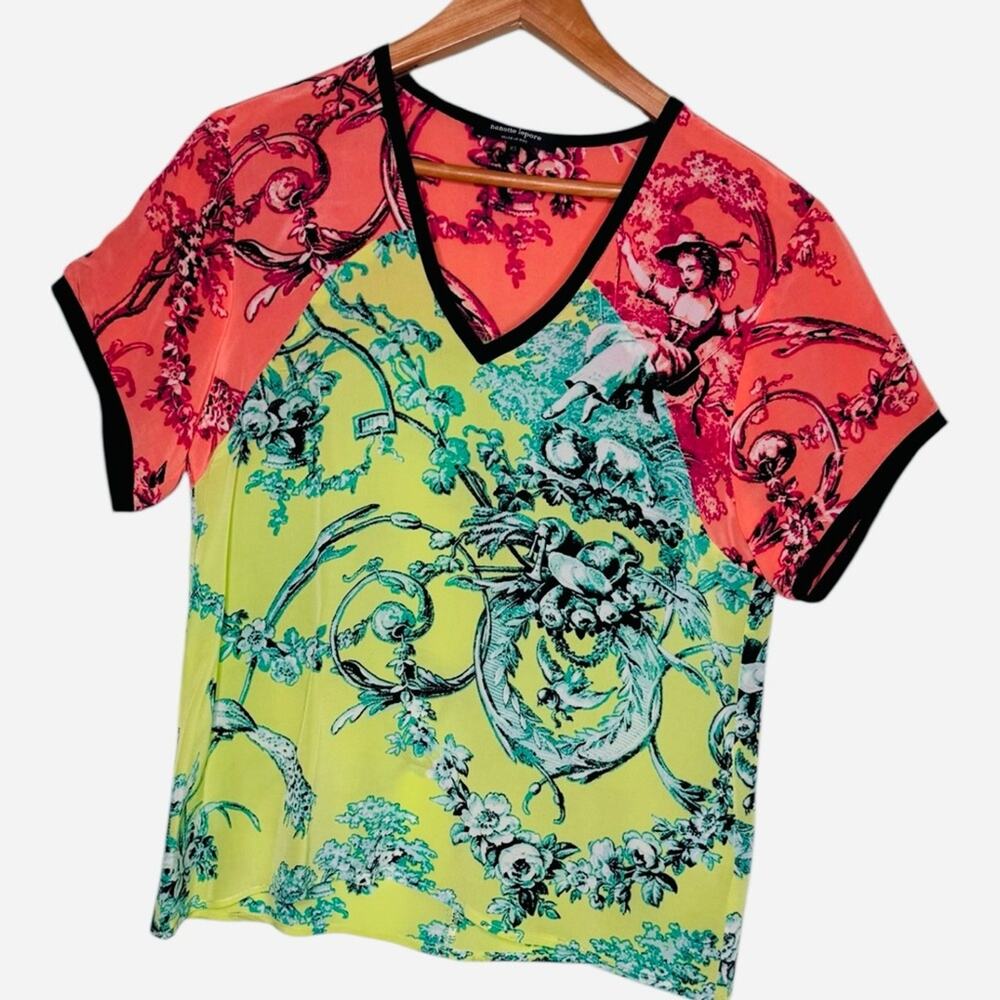 Nanette Lapore 100% Silk Vibrant Pink Yellow Black Baroque Print XS V-Neck Top